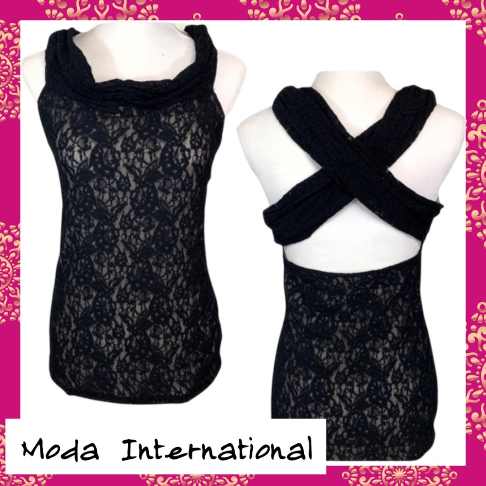 Moda Intl- Black Lace High Neckline Sexy Top -L - Picture 1 of 9